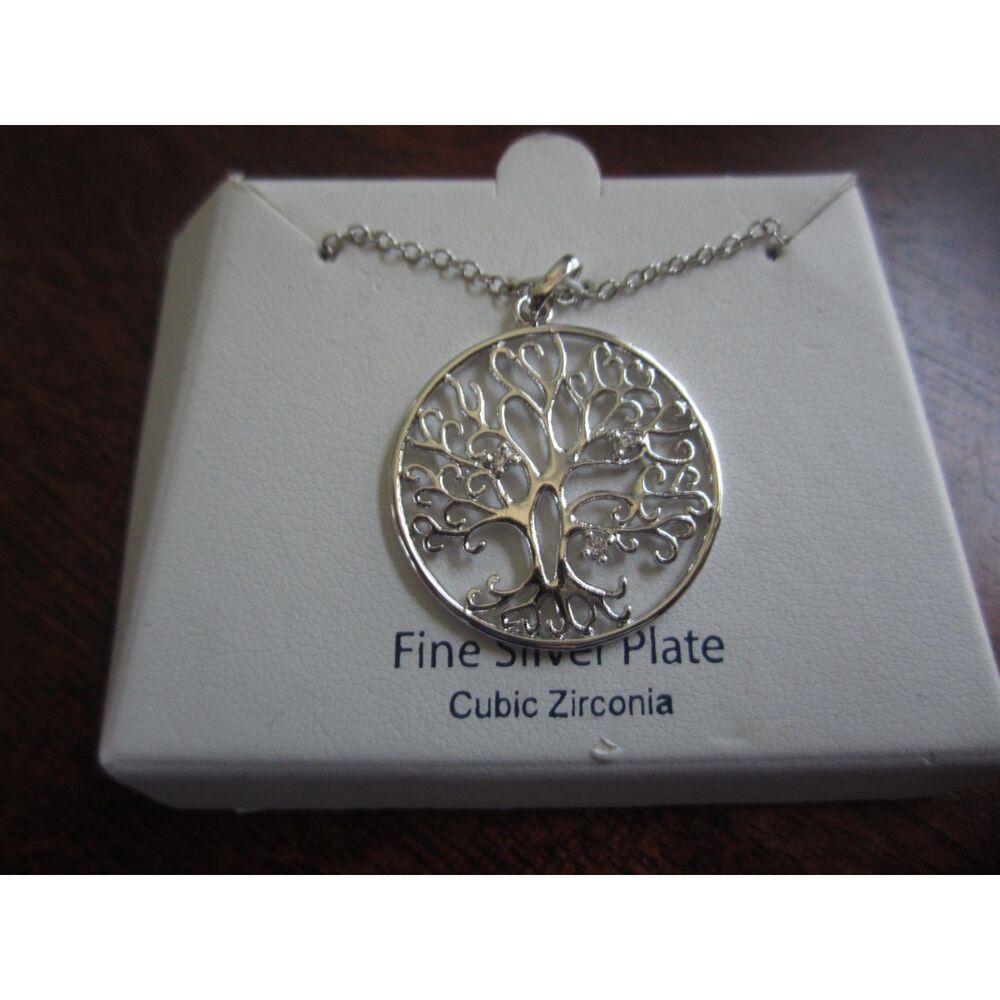 NEW TREE OF LIFE SILVER PLATE & CUBIC ZIRCONIA ACCENTS, SILVER TONE  18" CHAIN